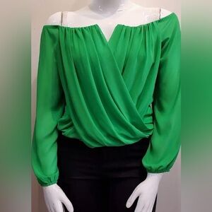 Chiffon Off the Shoulder Surplice Green Blouse